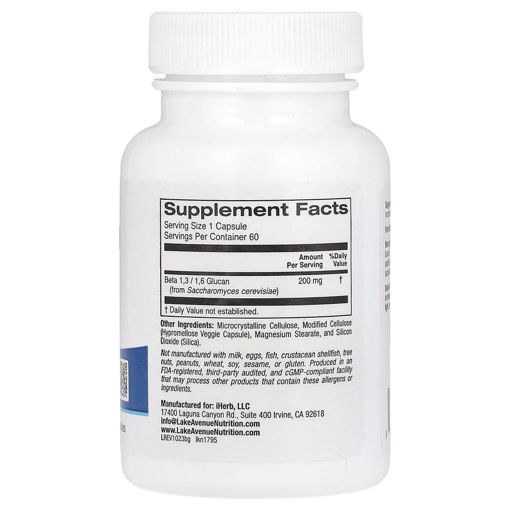 Lake Avenue Nutrition Beta Glucan 1-3, 1-6, 200mg, 60 Veggie Capsules