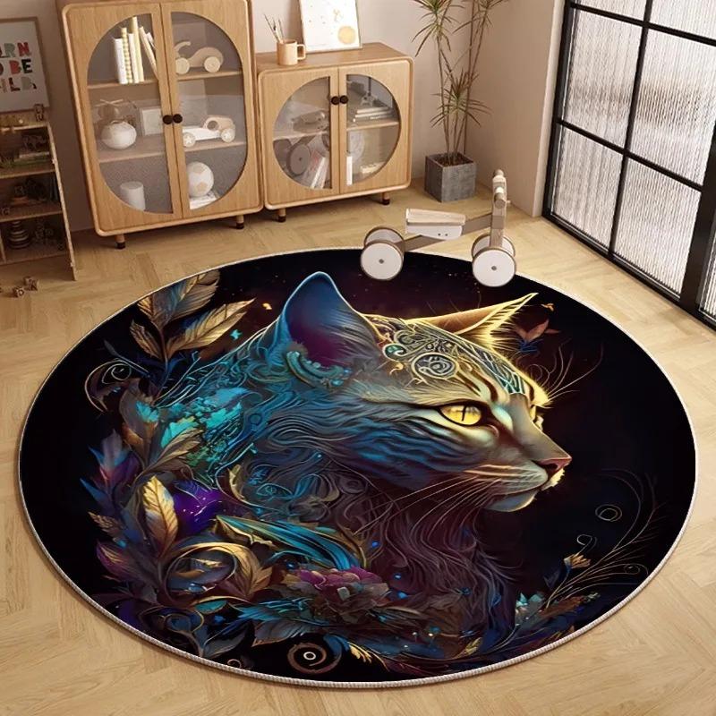 Moon Cat Round Rug Fantasy Floral Space Pattern Carpet Living Room Bedroom Kids Room Decorative Floor Mat