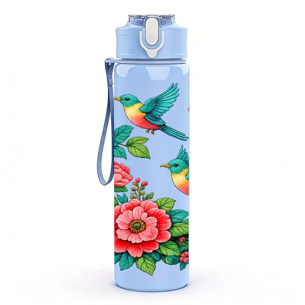 1PC Red Rose Bird Floral 750ml Color Plastic Sports Water Bottle Leakproof Flip Straw Lid Suitable for Sports Office Home Use