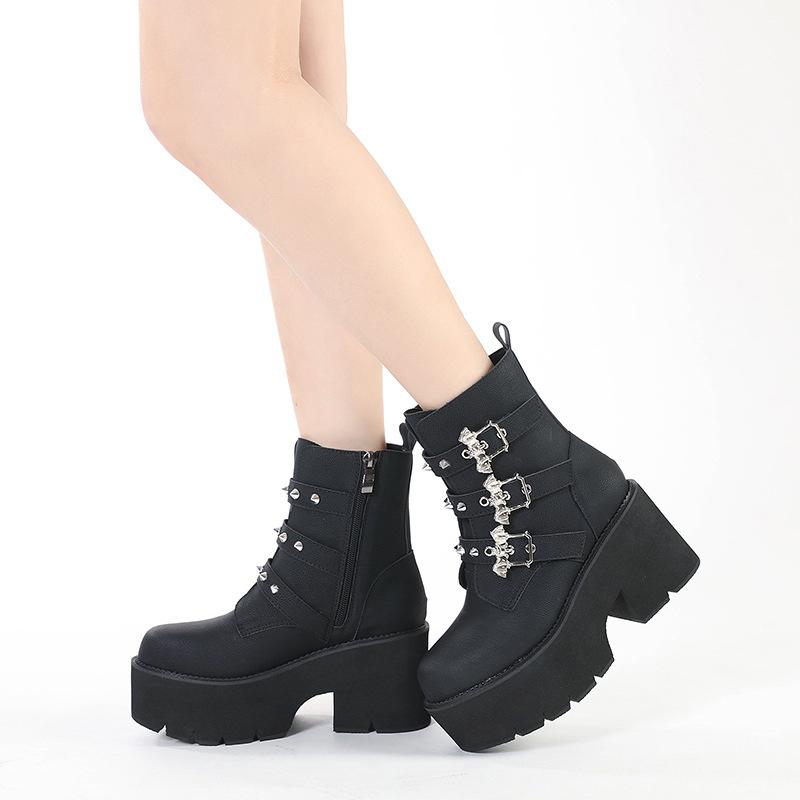 Fashion Women's Platform Goth Fashion Mid Calf Boots Punk Motorcycle Chunky High Heeled Shoes Women Leather Black Bat Buckle Ankle Botas