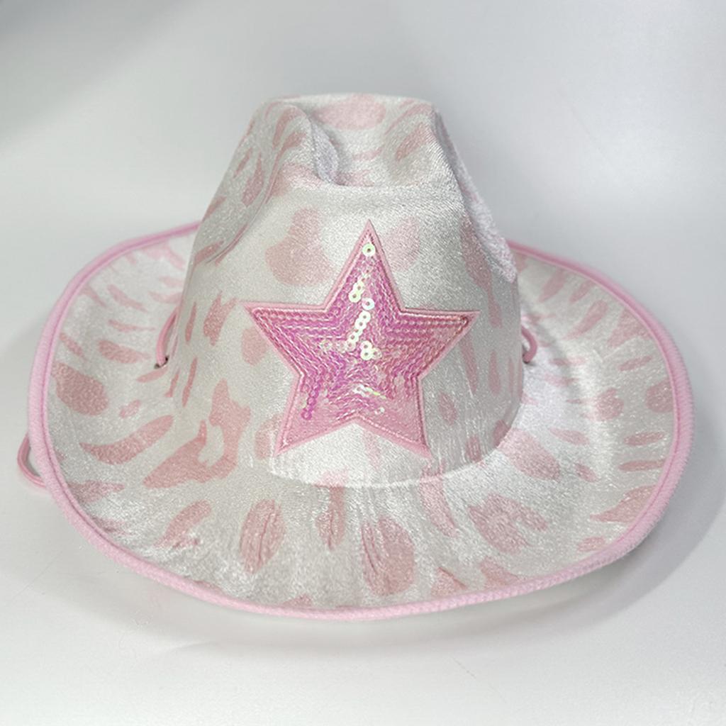 Pink Cowgirl Hats Glitter Sequins Star Decorations Rave Cowboy Hat with Cow Print Adult Size Cowboy Hats for Party
