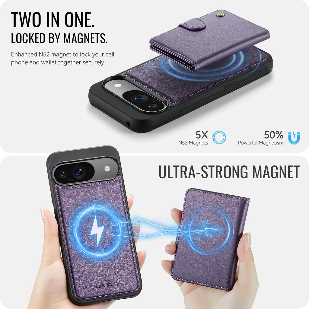 For Google Pixel 9 Pro/Google Pixel 9 Case JEEHOOD J09 RFID Blocking Card Holder Leather Back Phone Cover Magnetic Case