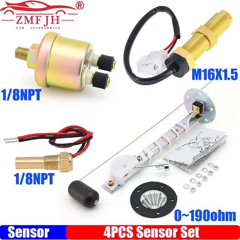 ZMFJH 4PCS Sensor Set 0-190 Ohm Fuel Level Sensor 0-10Bar Oil Pressure Sensor 1/8NPT Water Temperature Sensor Tacho Sensor M16