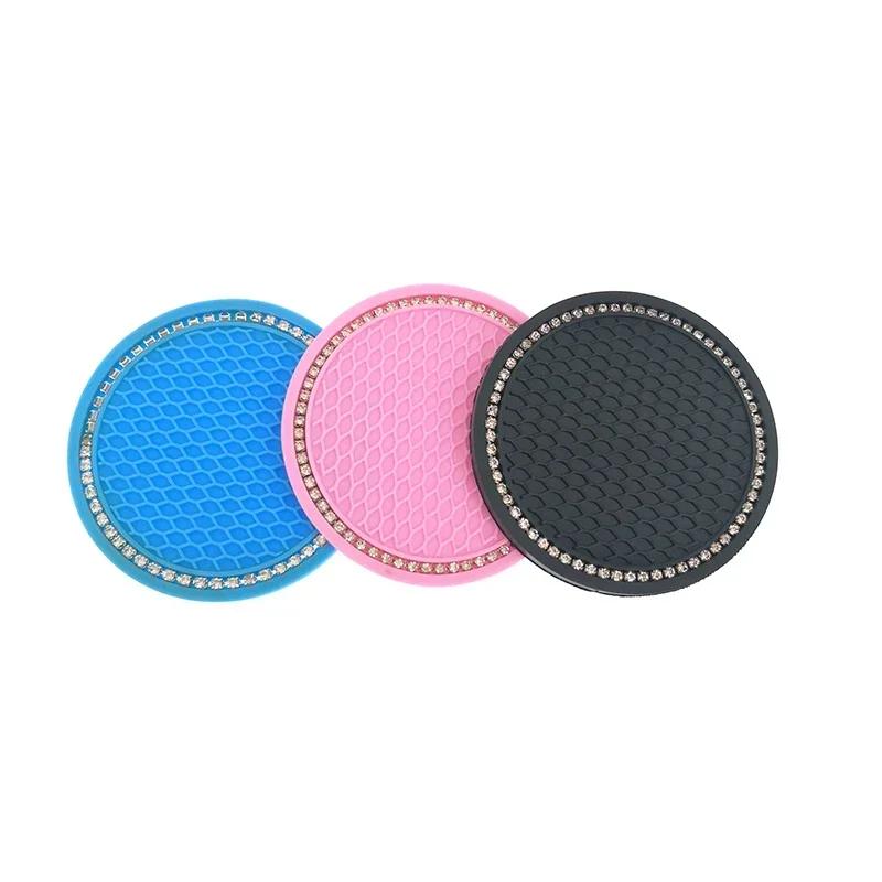 2pcs Non-slip Car Water Cup Pad Diamond Rhinestone Rubber Mat for Bottle Holder Coaster Auto Interior Anti-skid Cup Holders 7cm