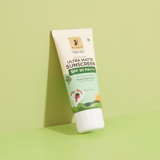 Pilgrim Squalane ULTRA MATTE SUNSCREEN SPF 50 PA+++ для женщин и мужчин с омега-керамидами и витамином E | Широкий спектр | 50 г