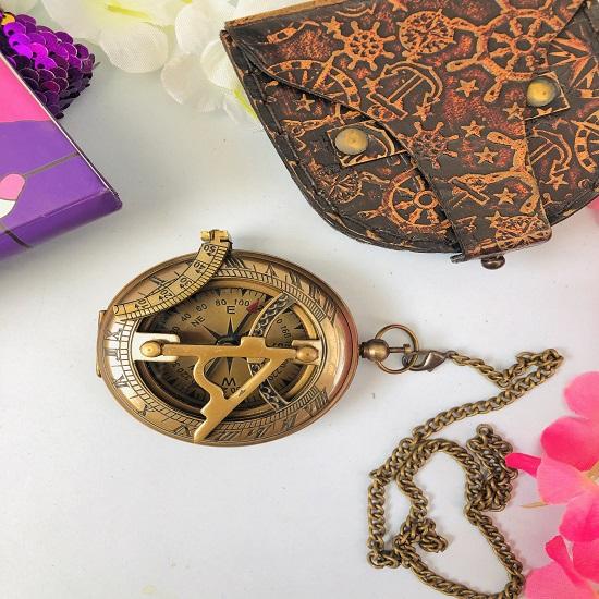 Push Button Sundial Compass Brass Compass, Anniversary Gift Wedding Gift Nautical Compass, Christmas Gift Sundial Compass