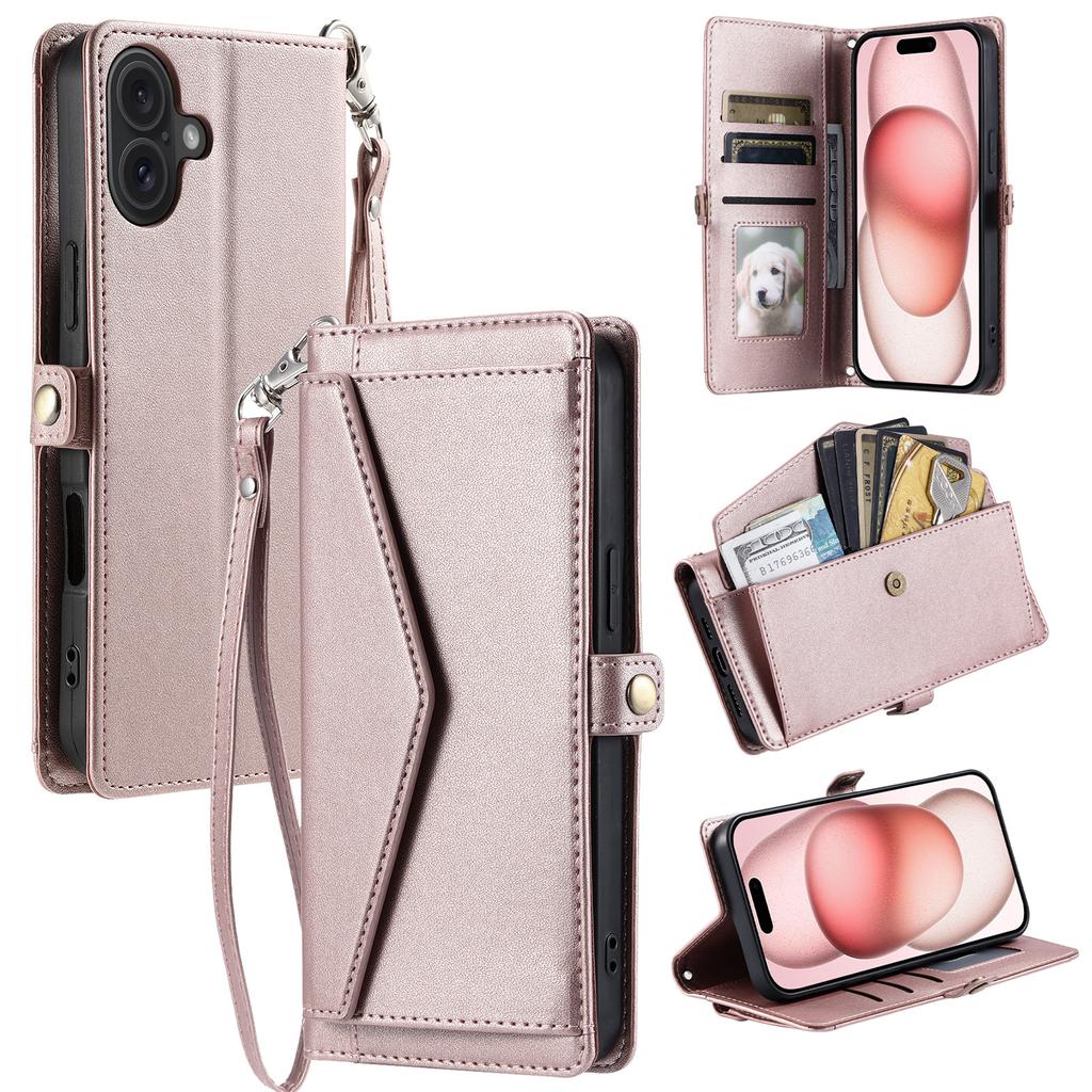 For iPhone 17 Leather Case with Wrist Strap Wallet Stand Phone Cover
