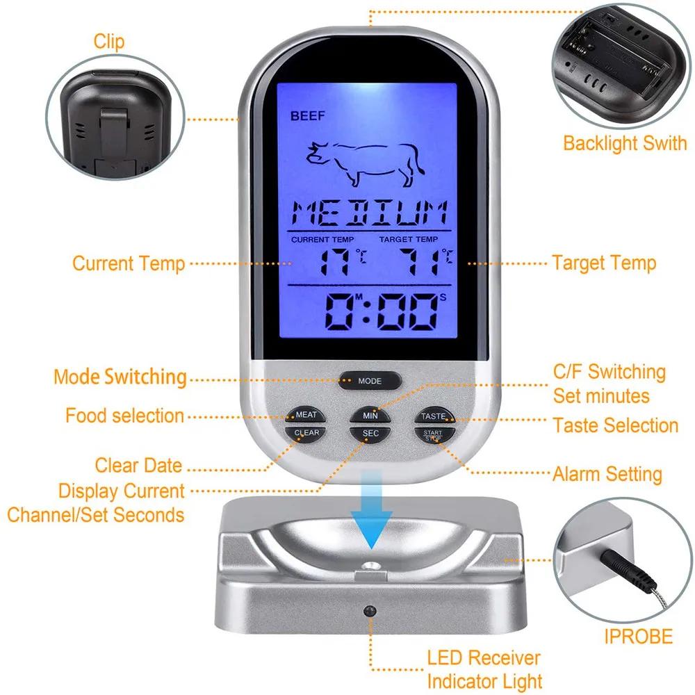 Wireless Digital Meat Thermometer with Probe for Grill Smoker BBQ Food Oven Thermometer with Timer Alarm Kitchen Tools