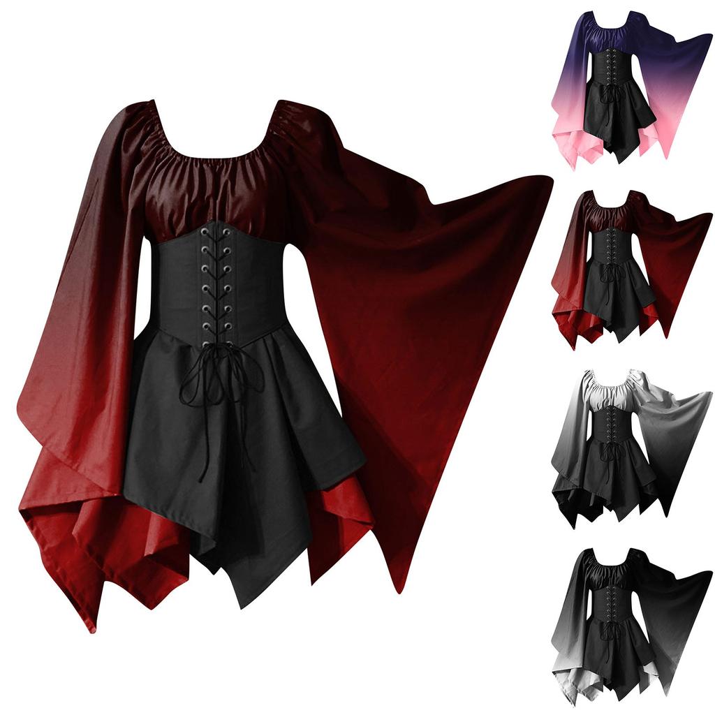 Women Fashion Long Sleeve Vintage Dress Cosplay Party Gradient Evening Night Formal Dress