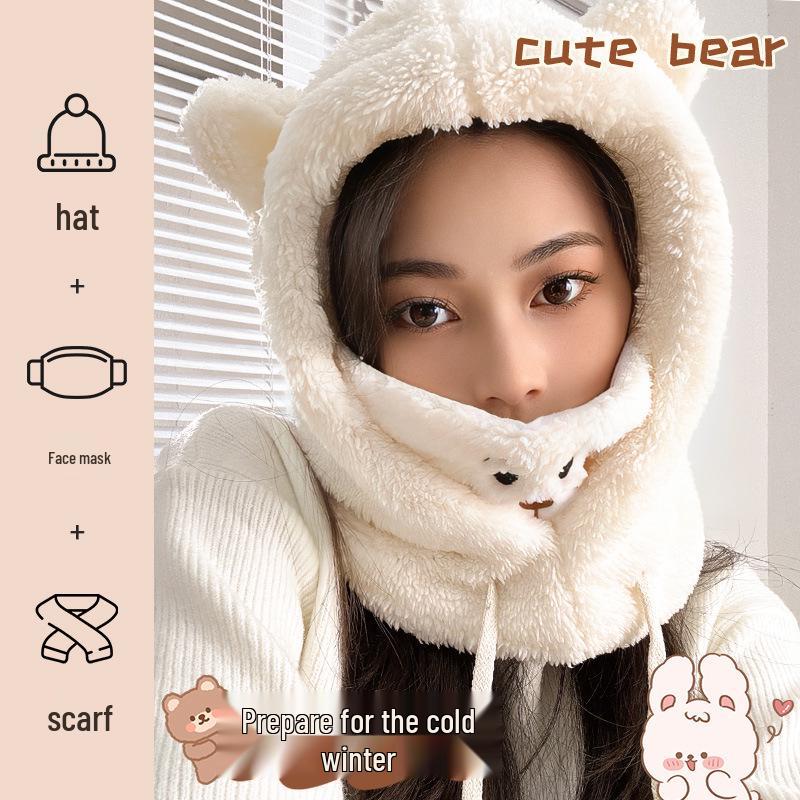 Новый женский цельный капюшон и шарф: Плюс Бархат, Утолщенный, Теплый, Плюшевый, Зимний Холод и Защита Ушей, Грелка для Шеи, Милый Дизайн.