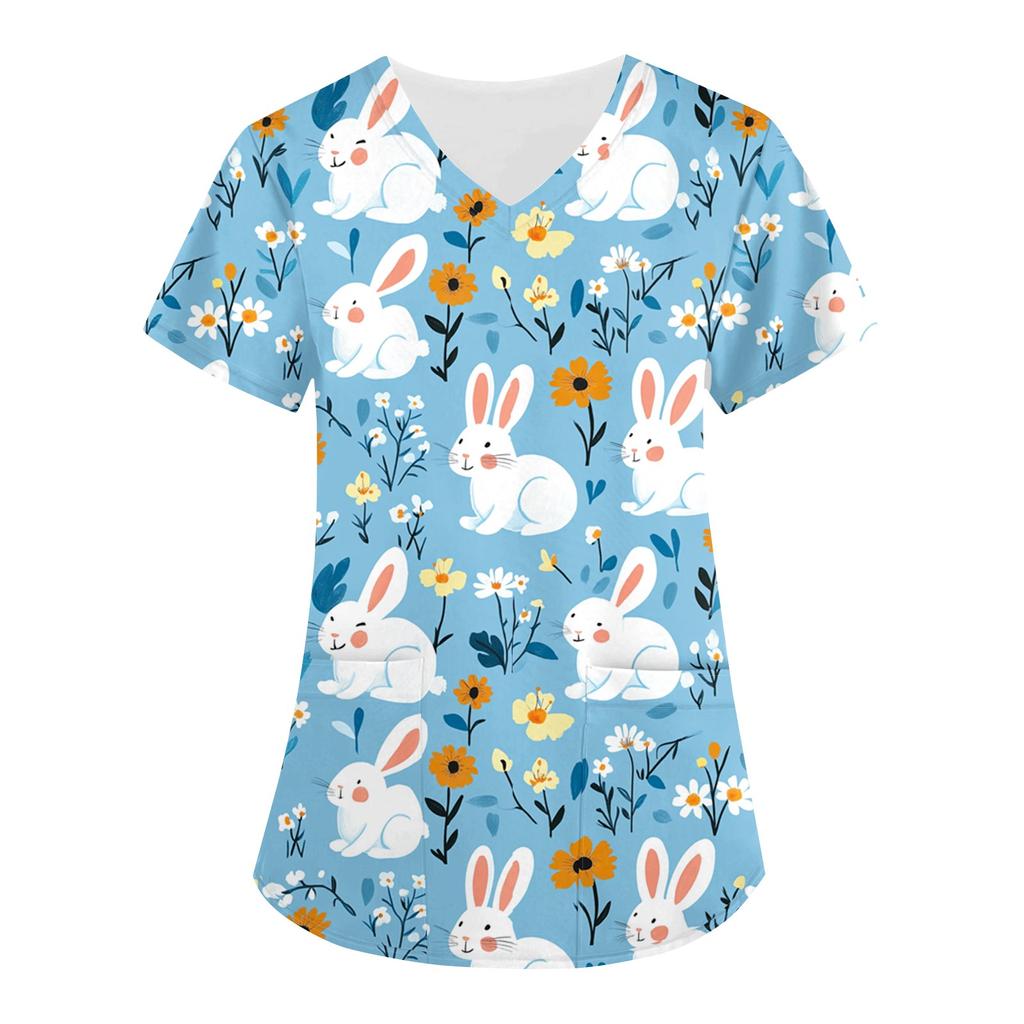 Женский свободный свитер с принтом пасхального яйца, V-образным вырезом, карманом, коротким рукавом