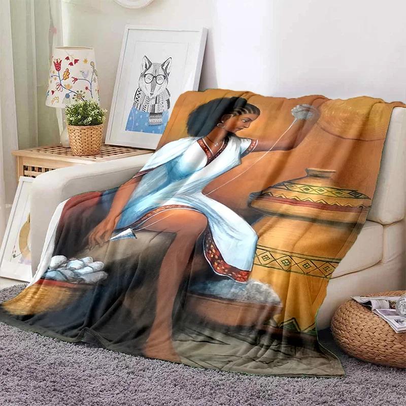 Cartoon Africa Ethiopian Painting Art Soft Flannel Blanket for Bed Bedroom Sofa Picnic,Throw Blanket for Outdoors Leisure