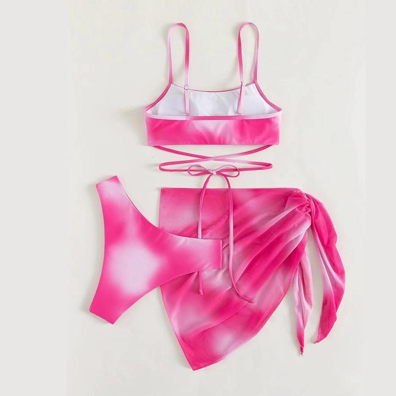 Trendy 3 Piece Tie Dye Print Bikini Swimsuit Beach Cover Up Swim Set for Women