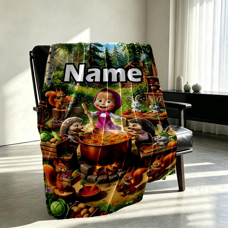 Custom Name Personalized Masha and The Bear Print Blankets, Home Decor, Bedroom, Sofa, Camping, Couch, Gifts for Birthday Christmas