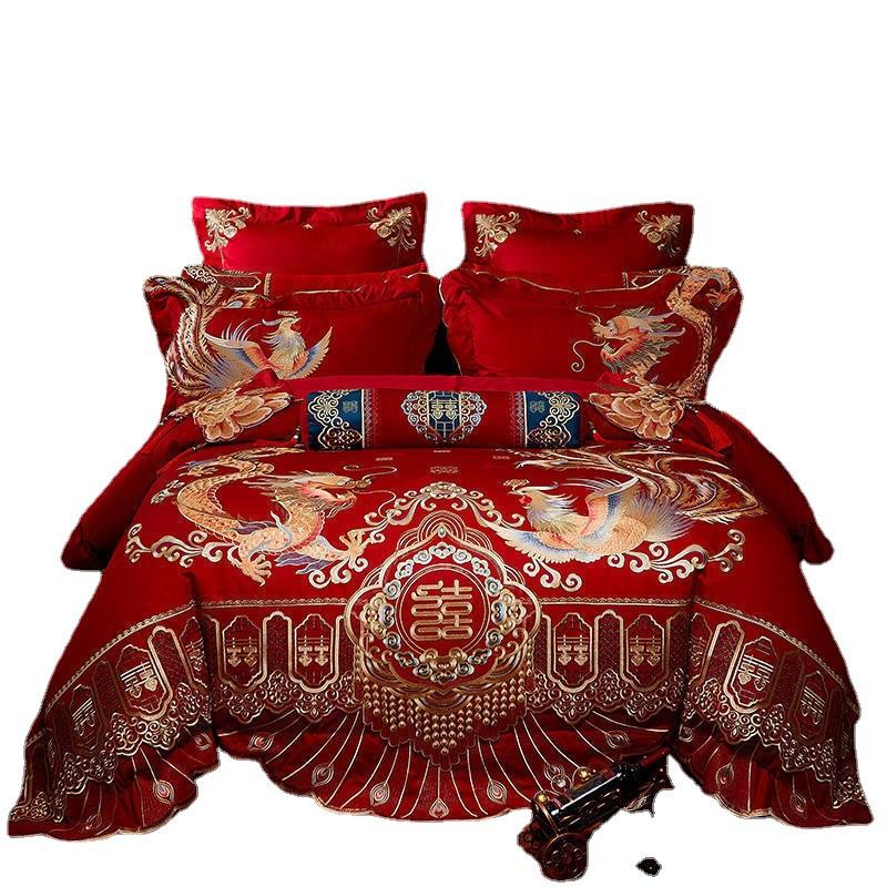 Длинноволокнистый хлопок плотностью 100, свадебная простыня и пододеяльник из четырех предметов, чистый хлопок, лоскутное одеяло с драконом и фениксом, красное стеганое одеяло, комплект из шести и десяти предметов