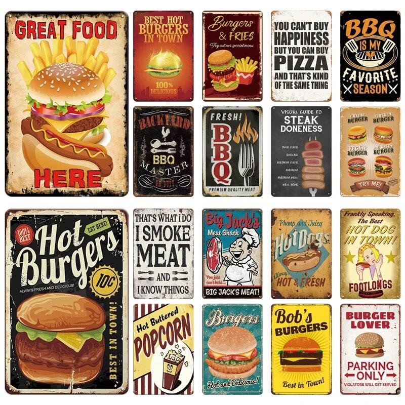 Mfoever Burger Sign Best In Town Beef BBQ Vintage Decor Hotdogs Kitchen Decorations Wall Plaque Retro Decor Vintage Food Sign