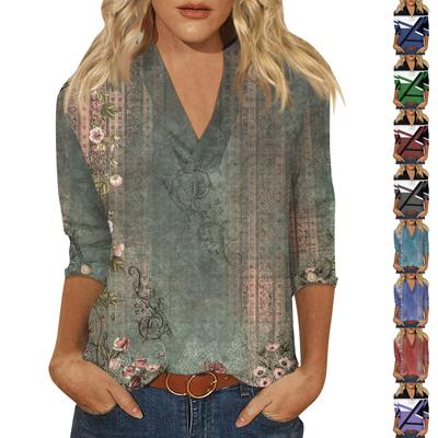 Женский модный повседневный пуловер с рукавом три четверти с принтом в китайском стиле с воротником-стойкой и v-образным вырезом, топ с рукавами 4/3, топ с неровным подолом