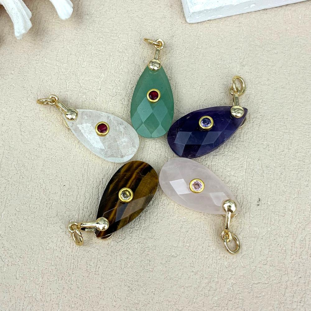 High Quality Teardrop Shape Natural Tiger Eye Amethyst Rose Quartz Stone Pendant Zircon Personalized Design Necklace Pendant