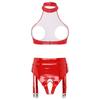 Womens Patent Leather Halter Open Bust Backless Crop Top Garter Underwear Set