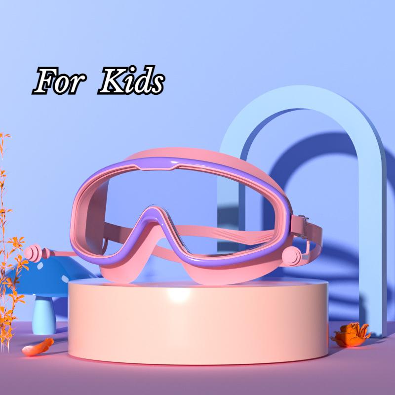 Очки для плавания с большой оправой, беруши, водонепроницаемые, противотуманные, HD, прозрачные, детские очки, защита от ультрафиолета, безопасные очки для плавания