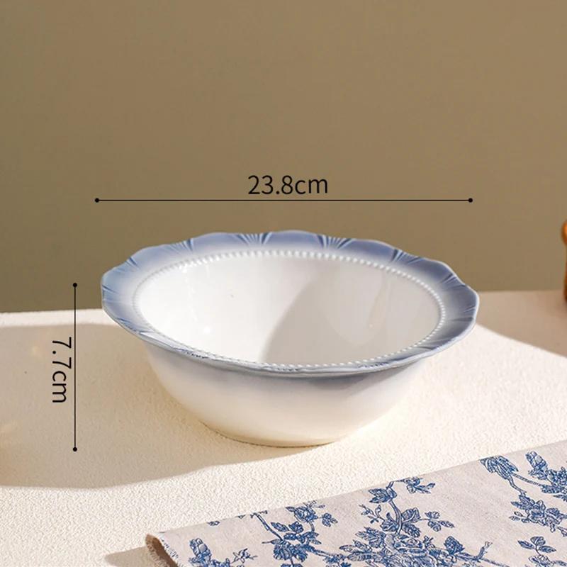 Обеденные тарелки во французском стиле, изысканные блюда, глубокая суповая тарелка, изысканный фруктовый салат, керамическая тарелка, синяя кромка, домашняя посуда