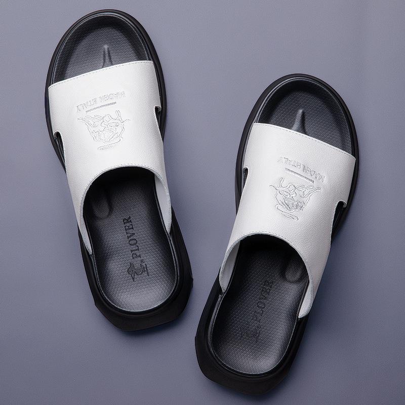 2025 Summer Shoes for Men Genuine Leather Slipper Embroider Casual Sandals Comfortable Slides Air Cushion Beach Shoes