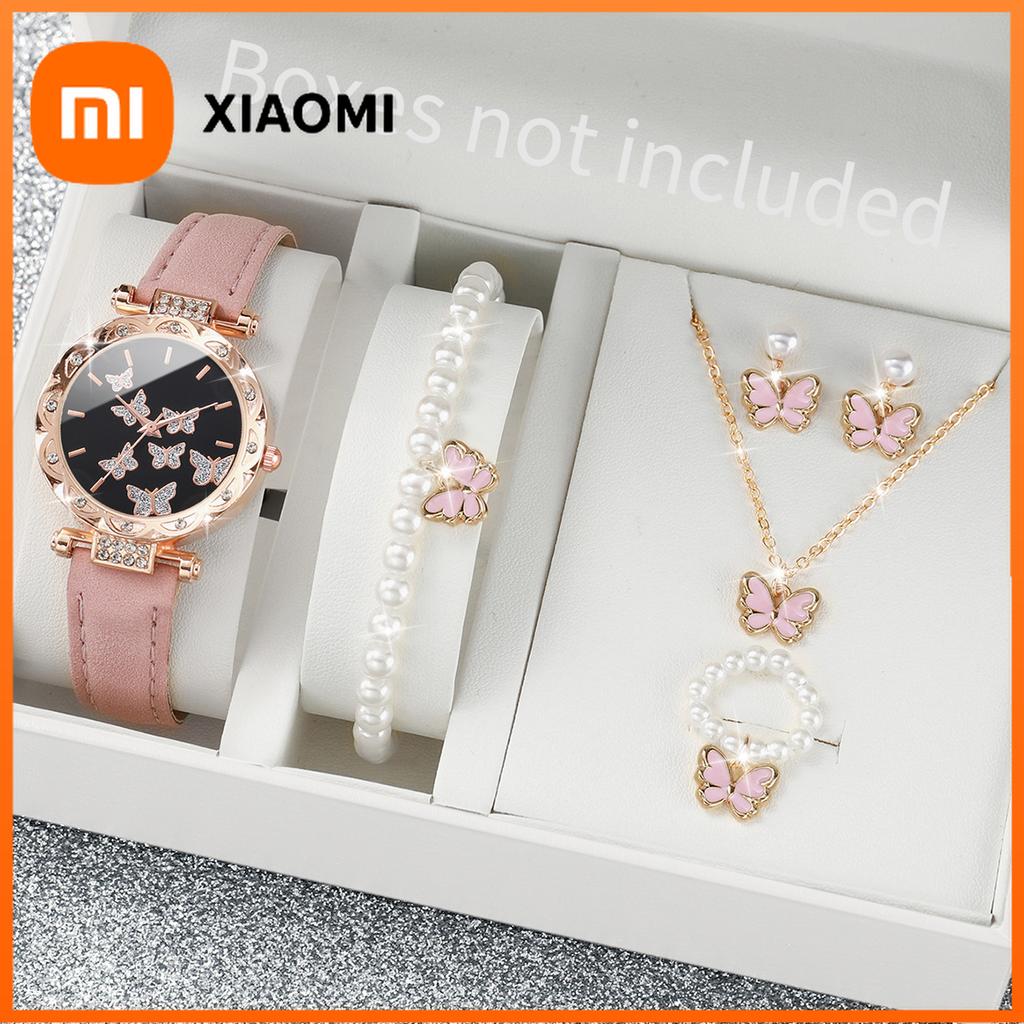 Xiaomi 6pcs/set Fashion Butterfly Dial Women Watches Rhinestone Leather Band Quartz Watch Pearls Butterfly Jewelry Set(Without Box)