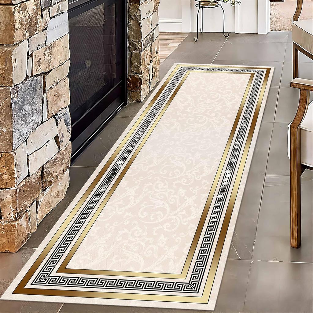 Black & Gold Leaf Pattern Runner Rug Luxury Wave Design Non-Slip Hallway & Living Room Carpet Home Decor
