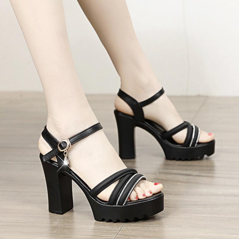 Сандалии на высоком каблуке, толстый каблук, водонепроницаемая платформа, универсальная, тонкий ремешок, летняя мягкая кожа, удобная и увеличивающая рост обувь