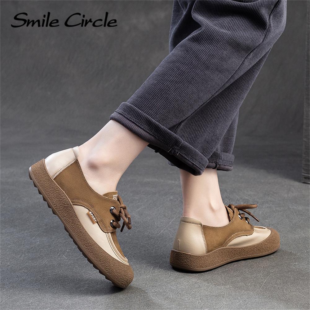 Женская повседневная обувь из натуральной кожи с круглым носком и шнуровкой на плоской подошве, модная удобная женская обувь