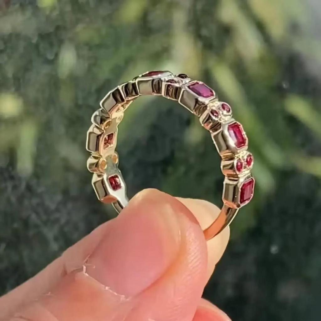 Princess and Round Cut Lab Ruby Half Eternity Ring: Rose Gold Plated Bridal Band: Art Deco Wedding Jewelry Gift for Women