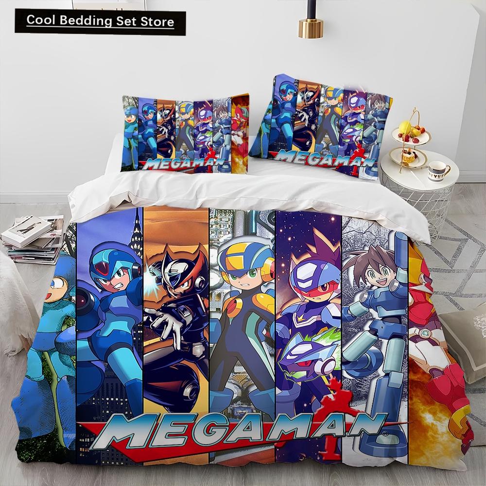 3D Рокмен Мегамен Игра Мультяшный Комплект Постельного Белья Одеяло Пододеяльник Наволочка,Королевский Размер Квинсайз Детский