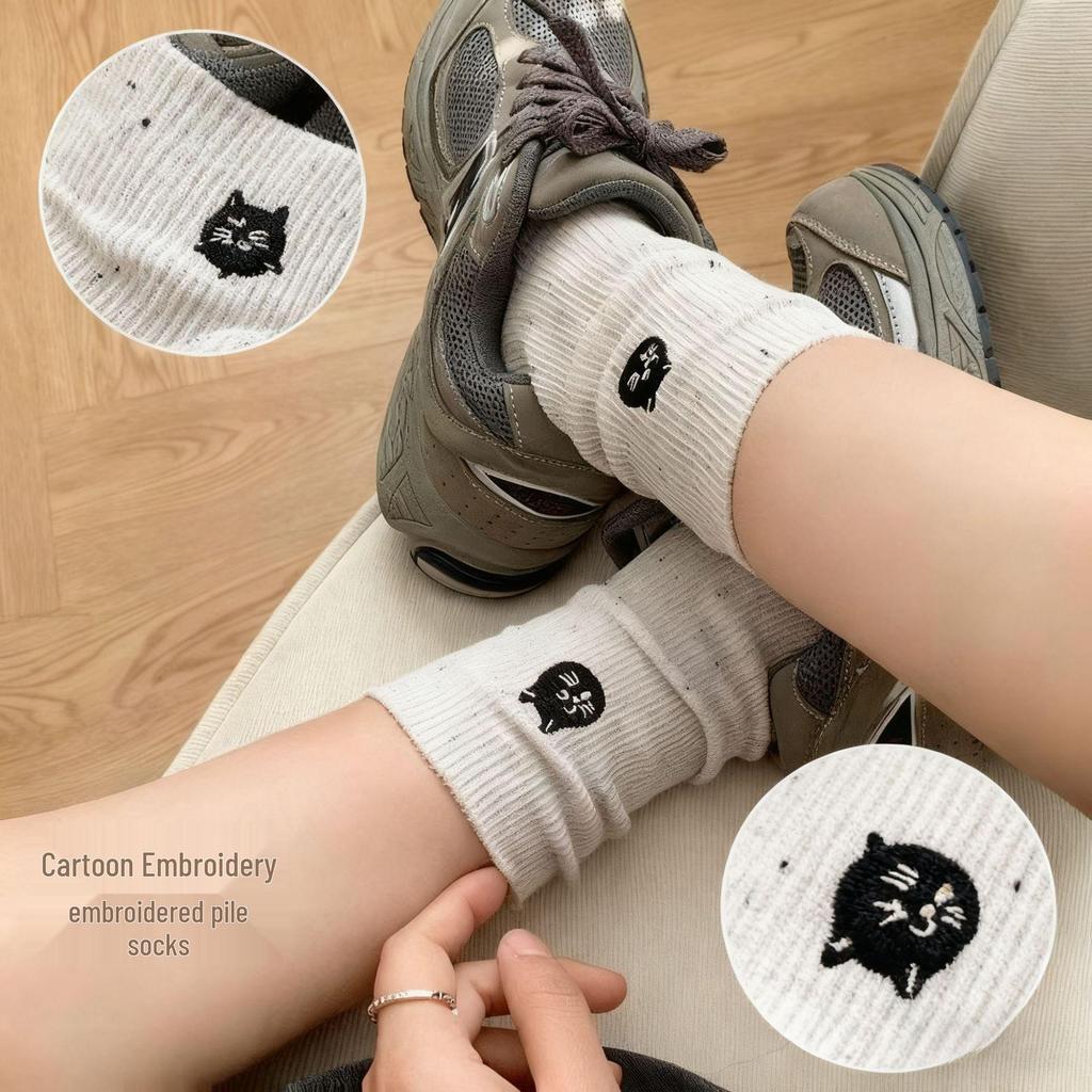 Japanese-Style Cartoon Embroidery Women's Cotton Mid-Calf Socks - Cute, Solid Color, Spring/Autumn