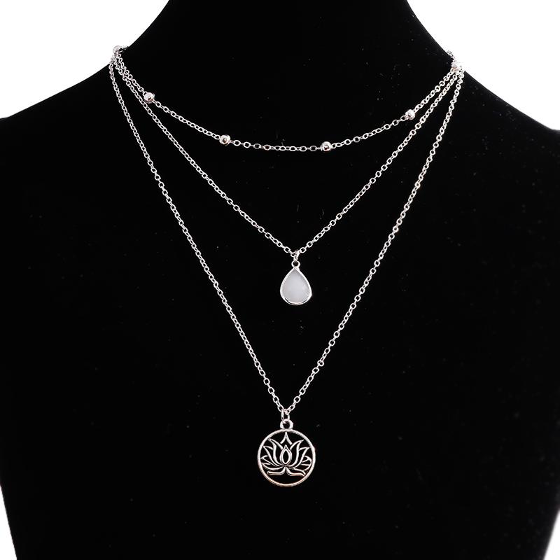Gold Silver Color Buddhism Lotus Flower Necklaces for Women White Crystal Pendant Multi-Layer Chain Necklace Jewelry Accessories
