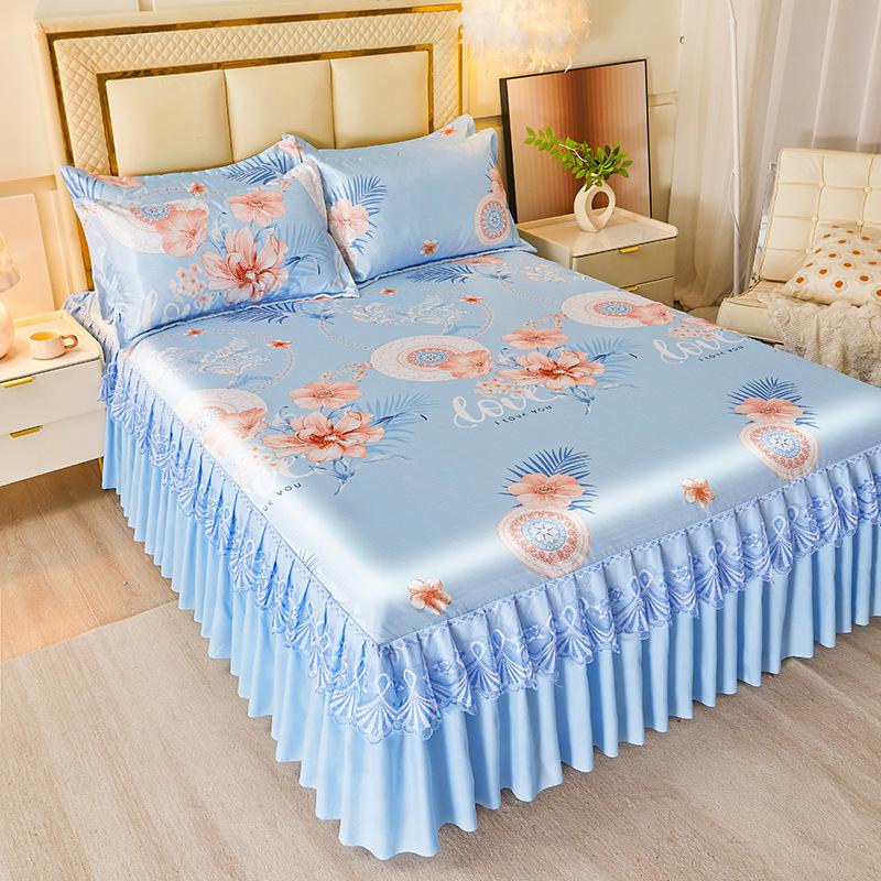 Комплект кружевной юбки для кровати из ледяного шелка и прохладного коврика - Дышащий дизайн из ротанга