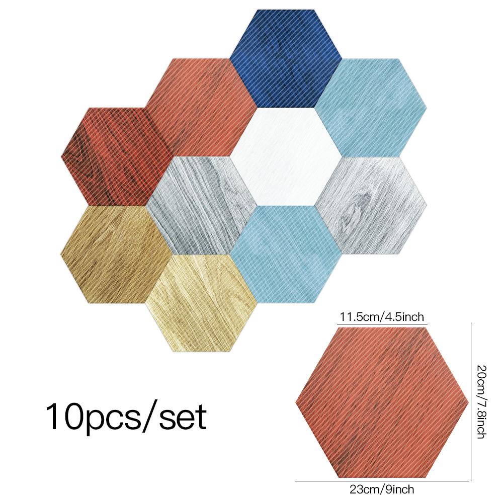 10pcs Birmingham Wood Grain Hexagon Tiles Floor Stickers Kitchen Bathroom TV Sofa Wall Home Decor Peel and Stick Art Wall Decals