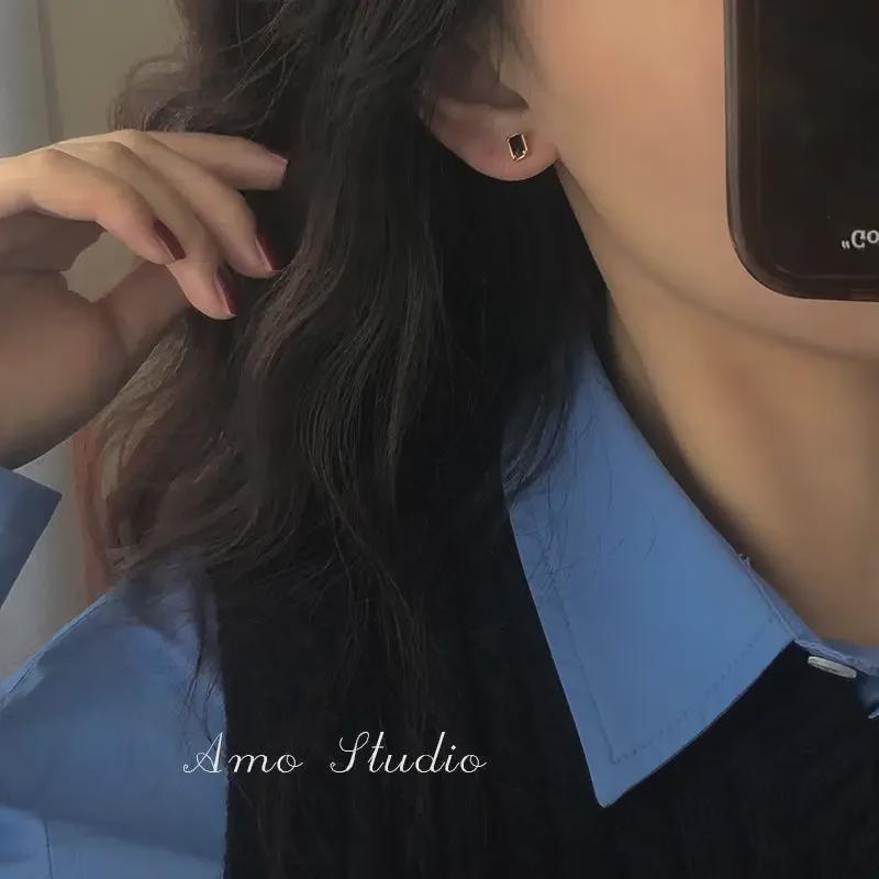 2022 High-End Black Agate Mini Sterling Silver Earrings for Women