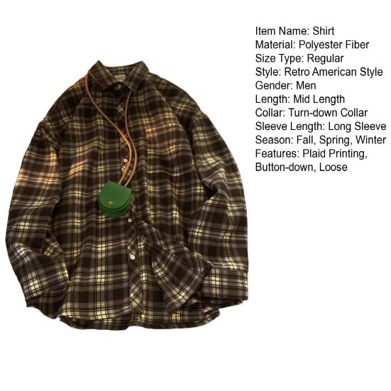 Весна Осень Мужская Рубашка Отложной Воротник Клетчатый Принт Свободный Застежка На Пуговицах Ретро Американская