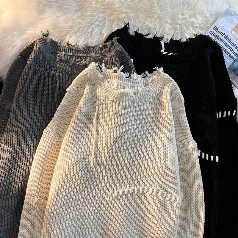 Сплошной рваный свитер для женщин и мужчин, весна-осень, необработанный край, длинные рукава, свободный трикотаж, модные универсальные трендовые пуловеры