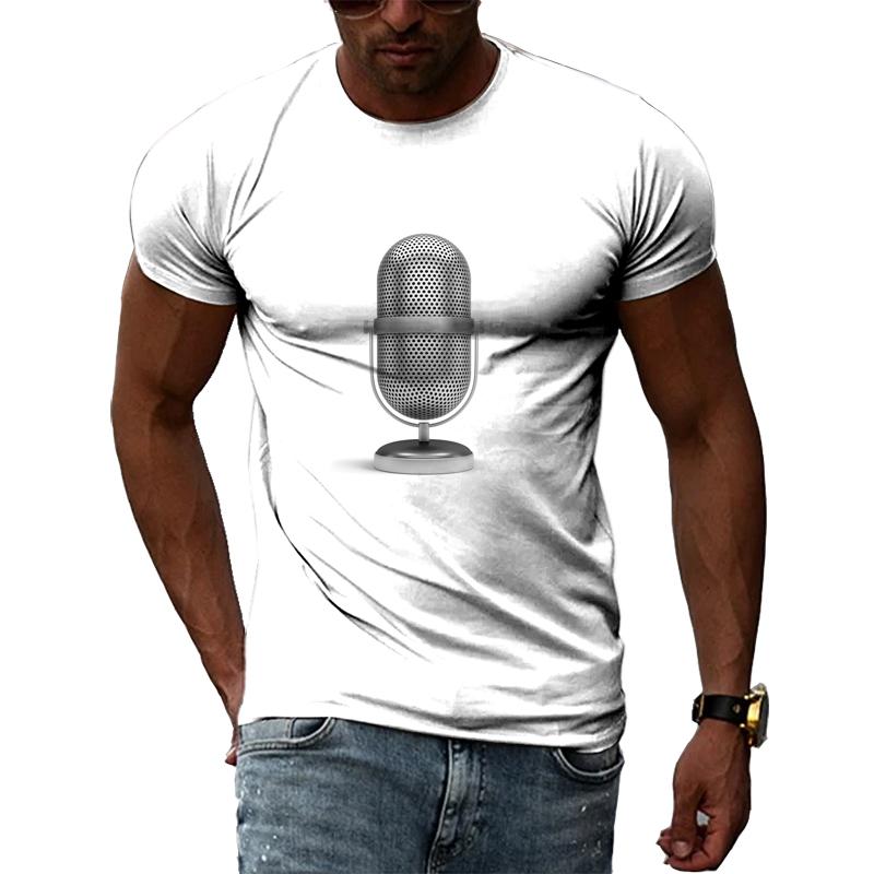Summer Fashion Music Element Pattern T-shirt Hip-Hop Trend Microphone  Printing Tops Casual Novelty Men's Short Sleeved Clothing