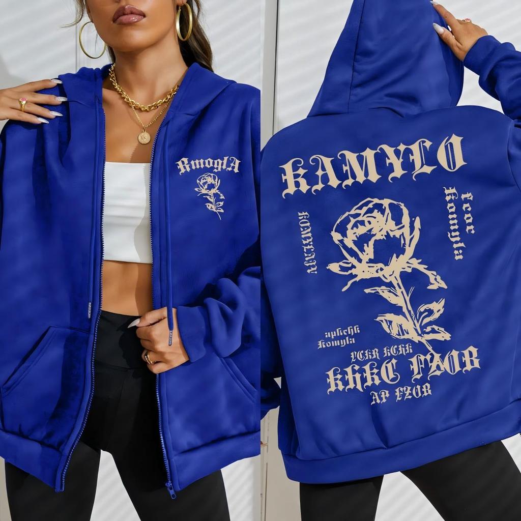 Оригинальность Роза Арт Шрифты Принт Женское Худи на Молнии Мода Свободная Уличная Одежда Повседневное Флисовое Худи Осенний Спортивный Костюм