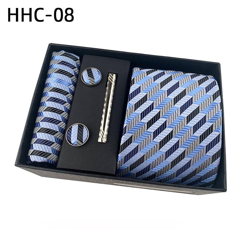 Men'S Striped Flower Plaid Tie Square Towel Cuffs Tie Clip Gift Box Set Business Casual Tie Black