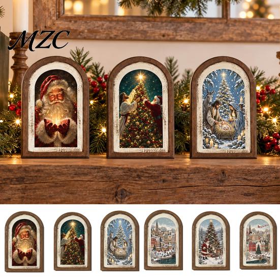 Solid Wood Hanging Sign Vintage Arched Wooden Photo Frame with Christmas Illustration, Retro Distressed Wall Art for Holiday Gift Family Desktop