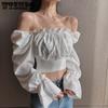 WTEMPO Women Black White Long Puff Sleeve Slim Cropped Tops Summer Solid Square Collar Chiffon Elegant Ins Blouses