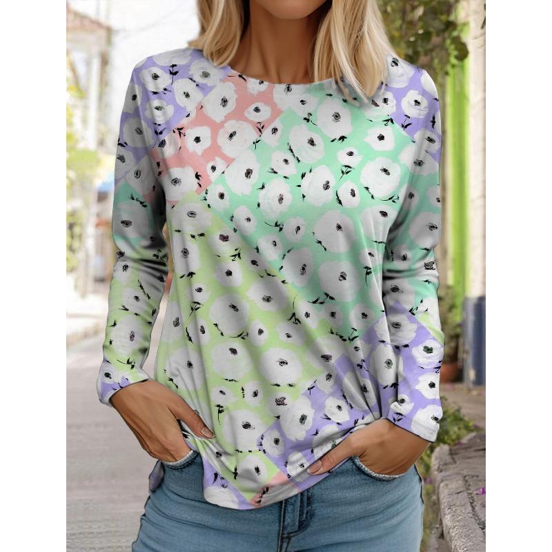 Women's White Long-sleeved Tops Round Neck Casual Tops 3d Printed Flowers Fashion Stickers Printed Women's Long-sleeved T-shirt
