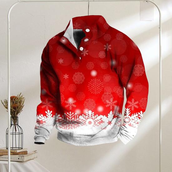 Men Christmas Top 3D Snowflake Printing Buttoned Stand Collar Plus Size Long Sleeves Mid Length Pullover Festive Holiday Sweatshirt