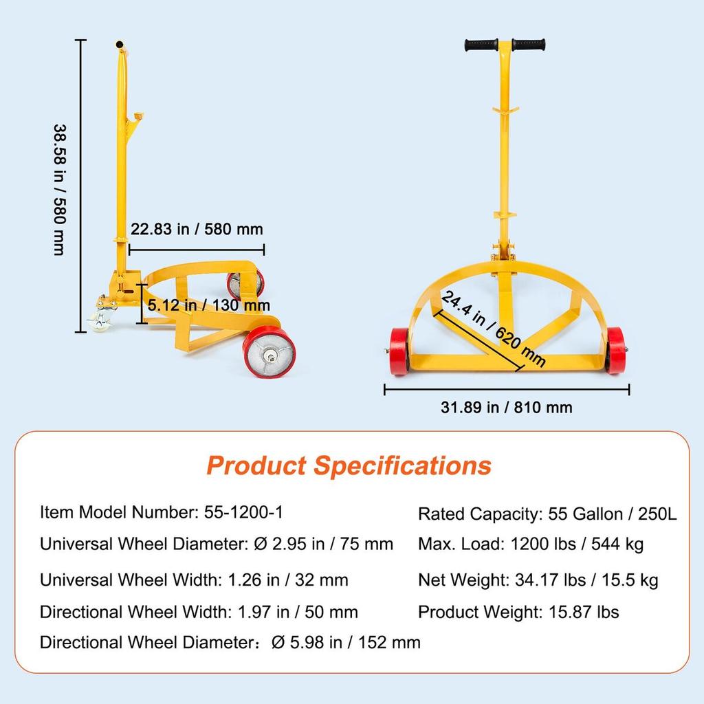 55 Gallon Drum Dolly, 1200 lbs Load Capacity, Barrel Dolly Cart Drum Caddy Round Dolly Steel Low Profile, Heavy Duty Steel Frame with Adjustable