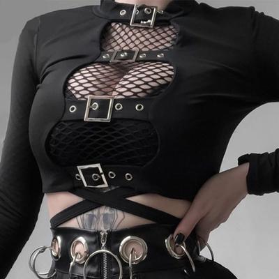 VAYLA Сексуальные женские кроп-топы с вырезами и пряжками, с длинным рукавом, облегающие женские топы, готические панк-черные топы, уличная одежда, вечерняя женская футболка