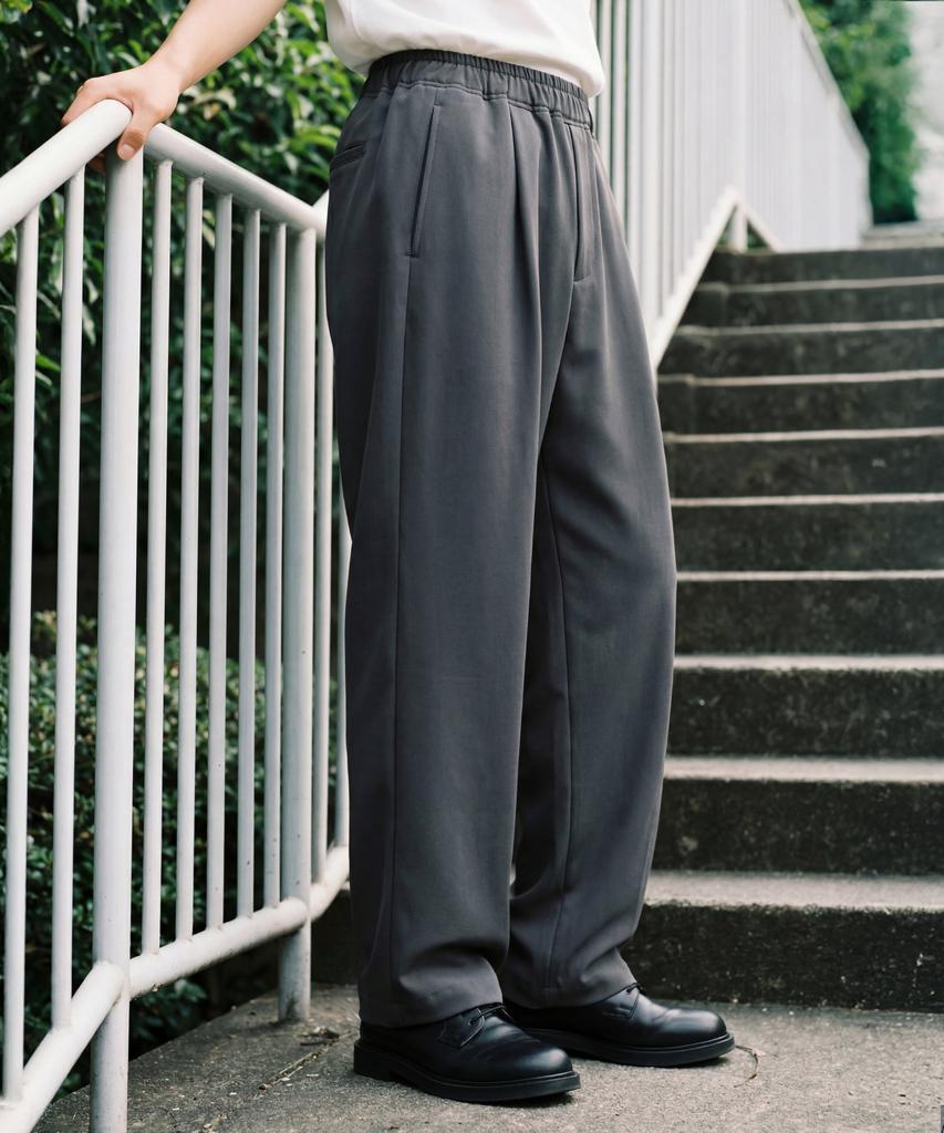 JEMUT Clean Single-Pleat Elastic Waist Wide Slacks Dark Gray Kjlp2705