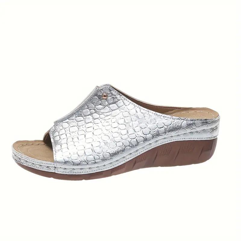 Women's Snakeskin Pattern Sandals Platform Slip On Soft Sole Casual Seaside Slides Low Wedge Vacation Slides